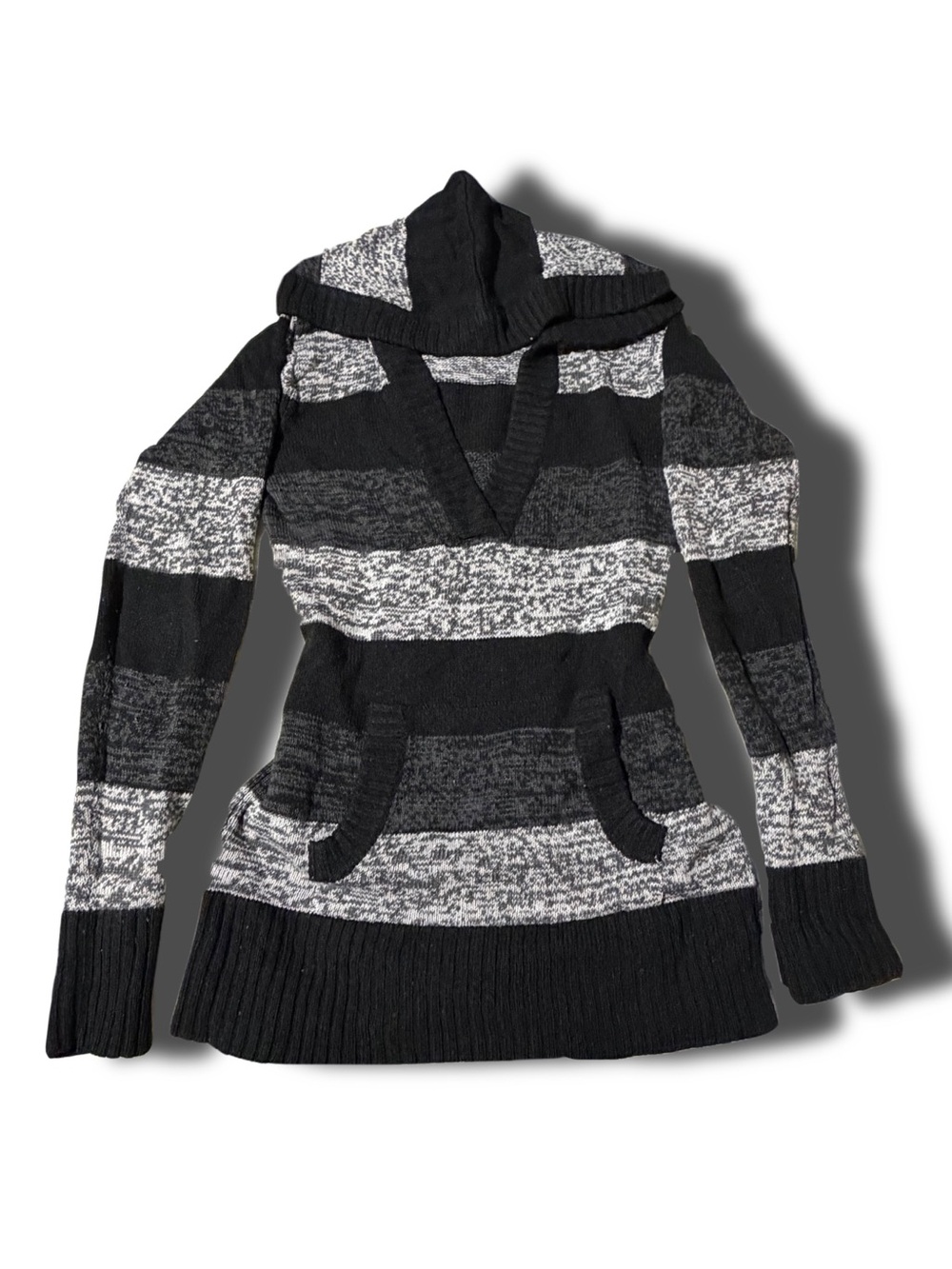 Striped V-Neck Hooded Pullover Sweater - Black & Gray